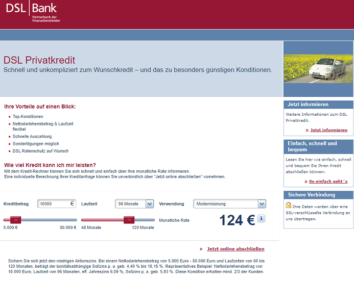 Kreditsumme, Laufzeit, Beginn Antragstrecke Kredit DSL Bank