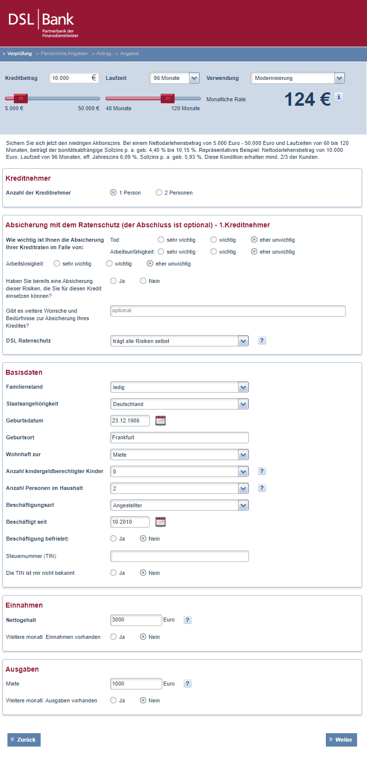 DSL Bank Kreditanfrage Daten eingeben