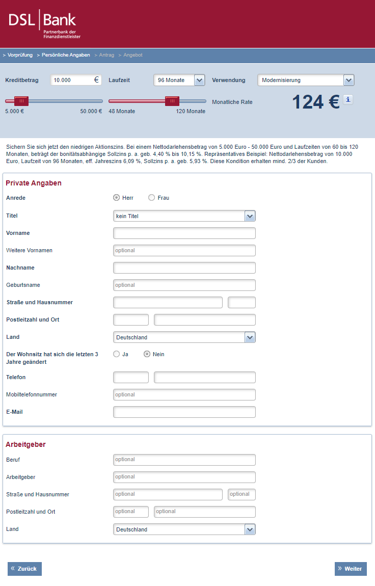 Private Angaben Kreditantrag DSL