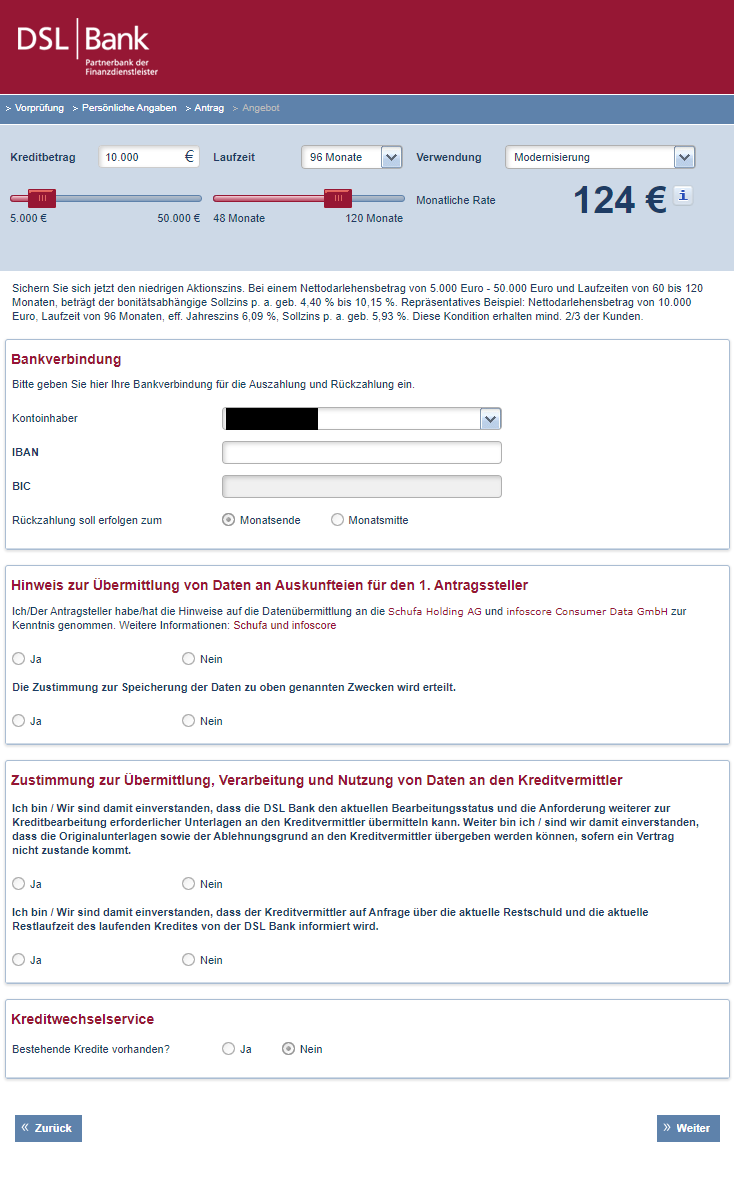 Abschluss Antrag DSL Bank