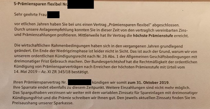 Kündigung Prämiensparvertrag Sparkasse