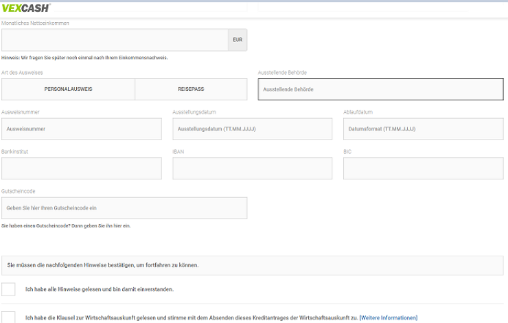 Einkommen Angabe Vexcash