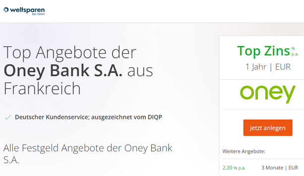 Festgeld Oney Bank WeltSparen