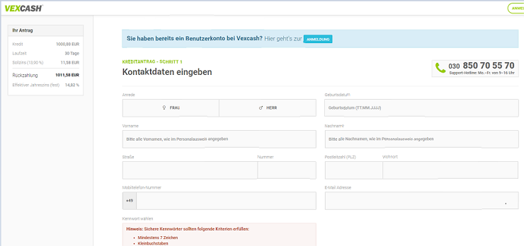 Kreditantrag Vexcash Angabe von Daten